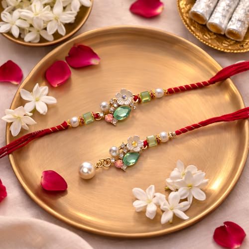Image of I Jewels Traditional Floral Pearl Bhaiya Bhabhi Rakhi Combo with Lumba Rakhi Roli Chawal & Raksha Bandhan Card for Brother Bhabhi (R508CO)