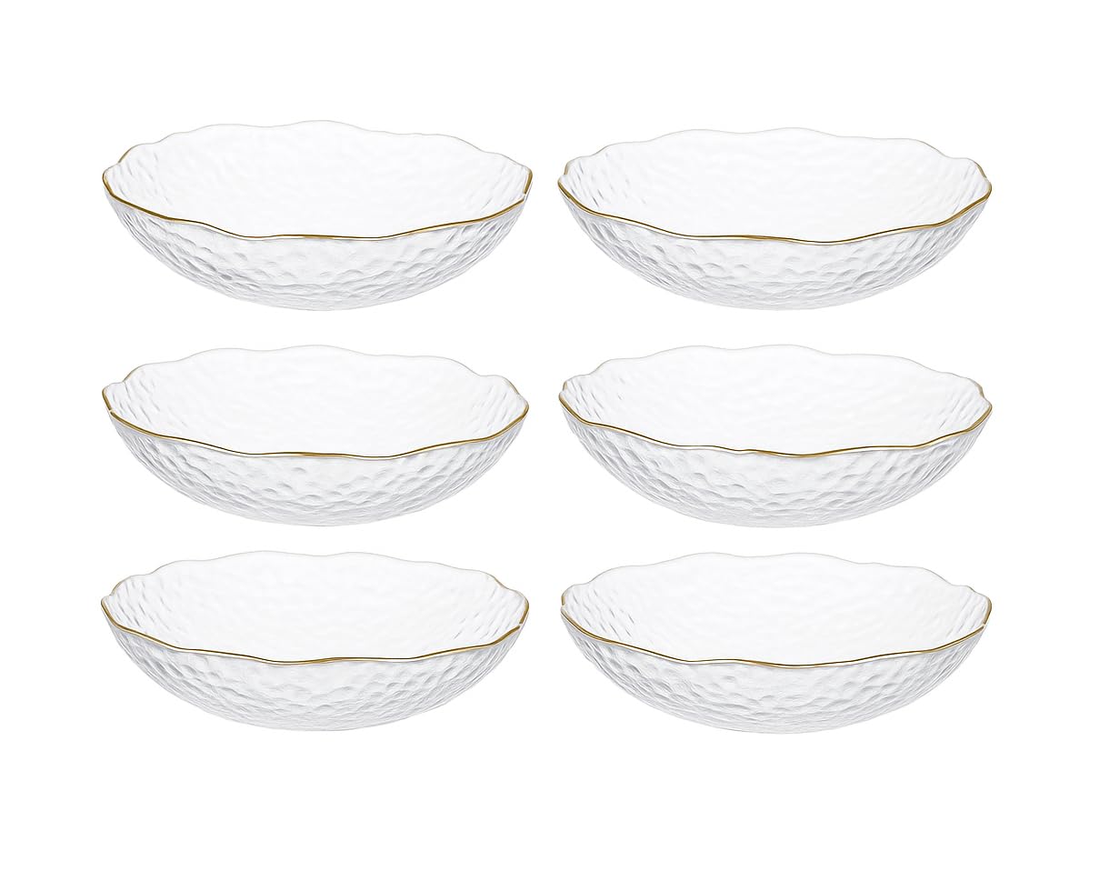 Hammered Glass Bowl with Gold Rim – Medium 8" (20cm) Clear Crystal Serving Bowl for Salad, Fruit, Snacks & Desserts – Textured Ice-Pattern Transparent Bowl for Dining, Kitchen & Table Decoration