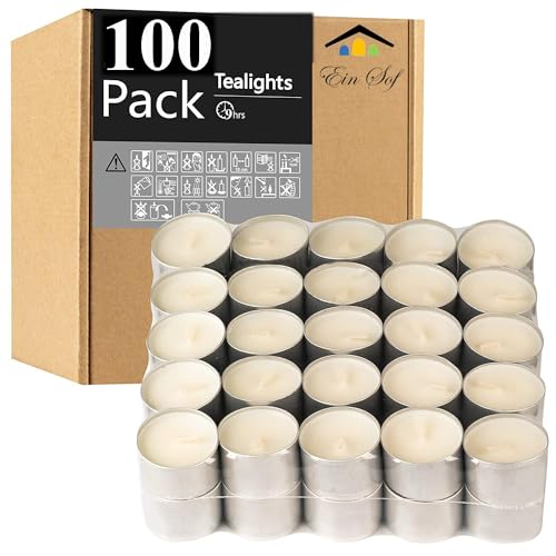 EIN SOF Tea Lights Candle Set of 100 - White Unscented 9 Hour Bur...