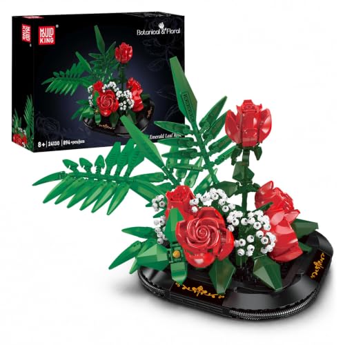 Mould King 24130 Rose Flower Building Set, Botanical Model with Sturdy Display Base, 5 Blooming Roses & Green Foliage, Buildable Rose Model for Adult Home Office Decor (894 Pcs)