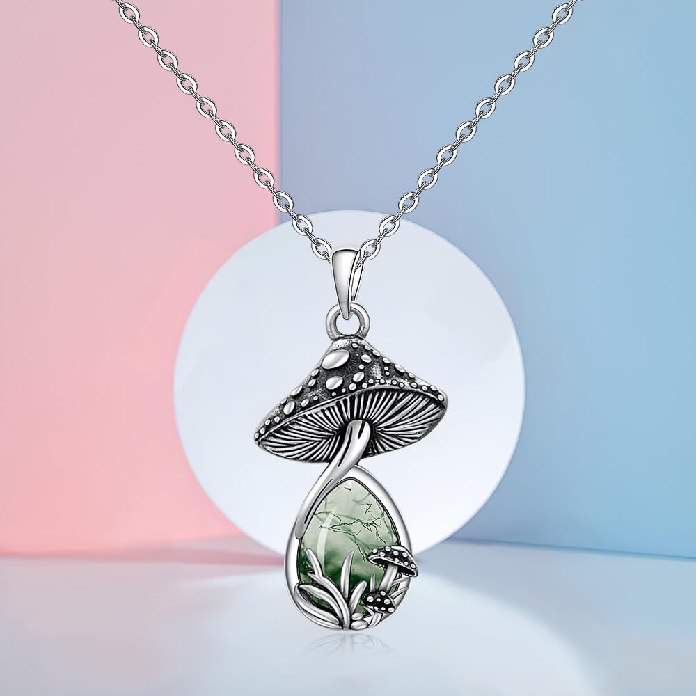 Moss Agate Mushroom Necklace for Women Sterling Silver Mushroom Necklace Gifts Moss Agate Jewelry Lovers Themed Pendant Charms - Image 7