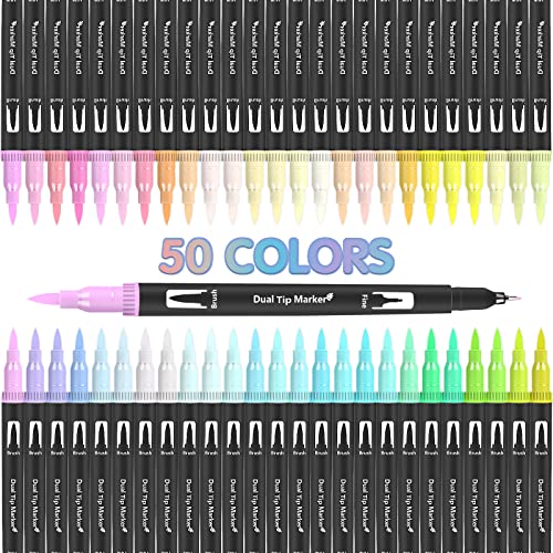 Restly 50 Pastel Colors Brush Markers Pens For Adult Coloring Books, Dual Tip Brush Pen Art Markers, Fine Tip Coloring Marker & Brush Pen Set For Note Lettering Drawing Sketching Journaling #TOP5