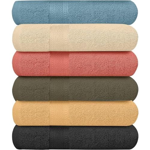 ECO Towel KAHAF Collection Pack of 6 Bath Towels 27 x 54 Inches, 100% Cotton, Larger & Lighter Weight, Quicker to Dry, Super Soft and Absorbent, Perfect for Bathroom (Multicolor)