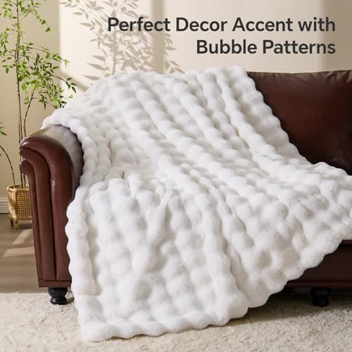 Image of BEDELITE Faux Fur Throw Bubble Blanket for Couch, 50 inch x 60 inch, White