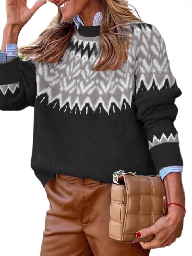 Womens Fair Isle Sweaters Vintage Argyle Iceland Norway Sweater Colorful Crew Neck Long Sleeve Pullover Jumper Tops