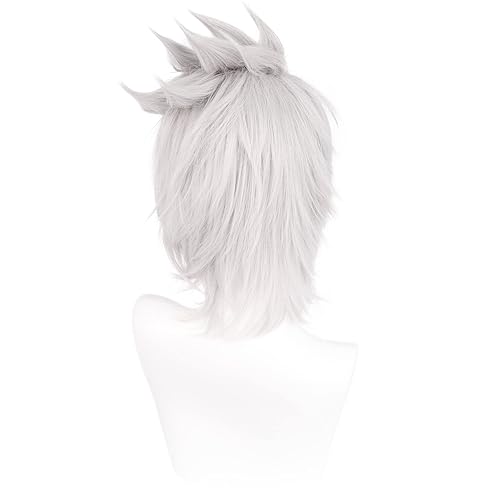 Miniatura 4 de JoneTing Blanco plateado para cosplay+ gorra de pelucaPeluca de cosplay blanca plateada, peluca corta plateada para Halloween, pelucas de pelo