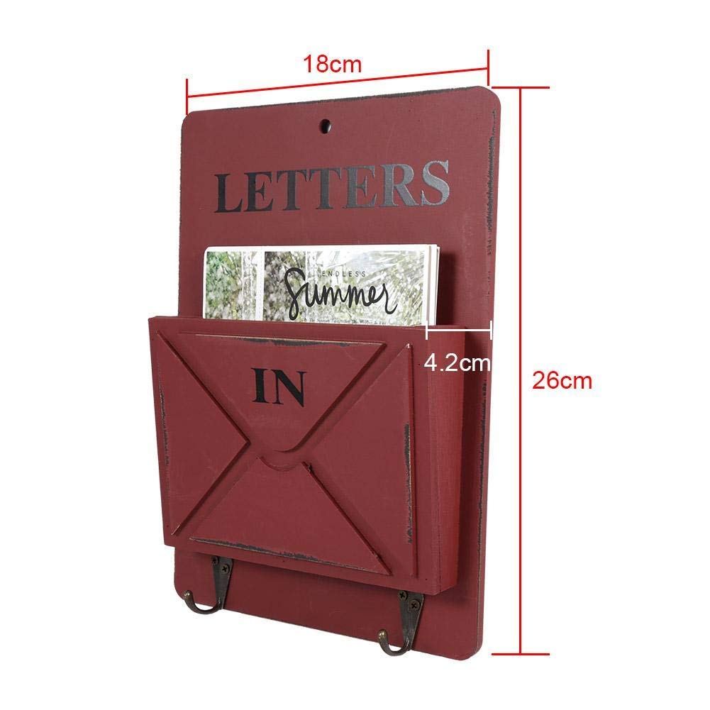 Decorazione Domestica Creativa di stoccaggio della Parete del Portachiavi dello scaffale di Lettere della Cassetta Postale di Legno con Il Gancio(Rosso)
