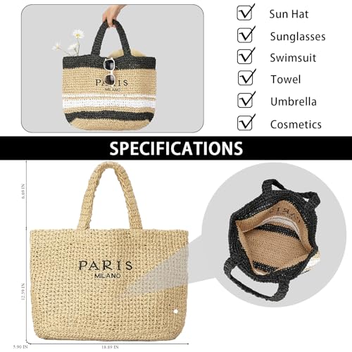 Image of Large Straw Tote Bag Summer Straw Purse for Women Holiday Raffia Woven Beach Bag Handbag