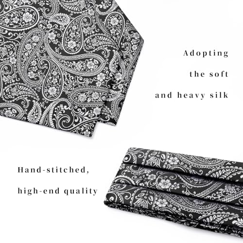 Image of HISDERN Ascot Ties for Men Paisley Floral Ascot and Pocket Square Set Classic Self Tie Mens Cravat Handkerchief for Wedding