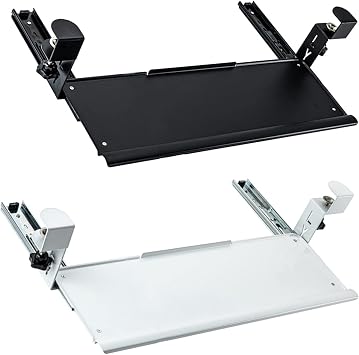 V3VOGUE Metal Steel Keyboard Tray White/Black - Under Desk Slide-Out Keyboard Drawers Keyboard Holder, Ergonomic Desk Extender/with Mount Clamp On, Keyboard Mouses Storage Shelves