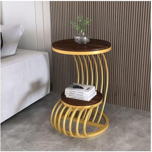 Image of Farmhouse Accent Coffee Table Simple Bedside Cabinet Small Round Table MDF Top Metal Table Living Room Sofa (Golden Brown)