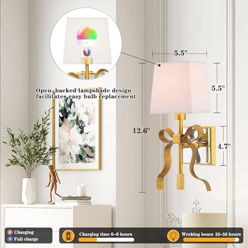Image of Battery Operated Wall Sconces Set of 2, Gold Rechargeable Bow Wall Light with 5200mAh Dimmable Bulbs & Remote, 15 Colors Wireless Brass Wall Lamp for Bedroom Living Room Hallway Decor
