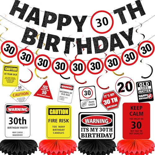 30th Birthday Decorations Party Supplies - 14 Pcs Caution Logos Banners Hanging Swirls Honeycomb Centerpieces Decoration for Men Women Funny 30 Years Old Red Black Yellow Signs Happy Birthday Decor