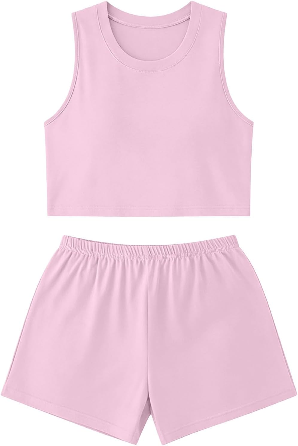 Womens Two Piece Summer Sleepwear Sleeveless Round Neck Tank Tunic Tees Tops Elastic Shorts Solid Color Loungewear