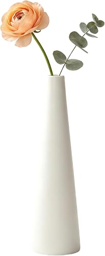 8.5 Inch White Tall Skinny Ceramic Bud Vase, Small Single Stem Modern Conical Flower Vase, Matte Table Top Floral Centerpiece for Home Wedding Office Table Decor