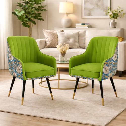 Image of Set of 2 Accent Chair for Living Room | Modern Armchair in Soft Velvet Fabric with Sturdy Legs | Premium Chair for Home Living Room Bedroom Restaurent | (Dual Fabric, Parrot Green)