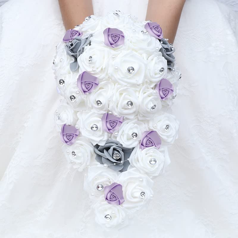 Bouquet de mariée cascade fait main en roses PE et strass éclatants