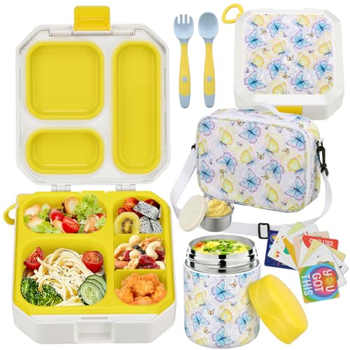 Image of wiwens Bento Lunch Box for Kids with 12oz Soup Thermo Leak-Proof Lunch Food Container with 5 Compartment Thermo Hot Food Jar and Insulated Lunch Bag for Kid Toddler Girls Boys to School