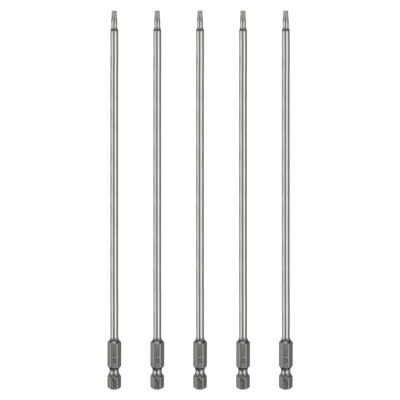sourcing map 5pcs T10 Torx Head Screwdriver Bit 1/4" Hex Shank 8" (200mm) Long Magnetic No Hole Tip Tamper Proof 6 Point Star Screw Driver Drill Bits S2 Steel Industrial Power Screwdrivers — image 1