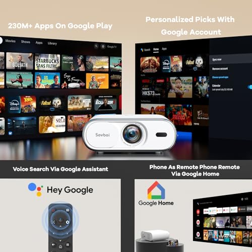 4K Projector with Google TV:3000 Brightness/Auto Lens Cap & 4D Keystone/Auto Focus & AI Voice Control, Sovboi Portable Outdoor Projector with WiFi & Bluetooth, Smart Movie Proyector for Streaming Apps