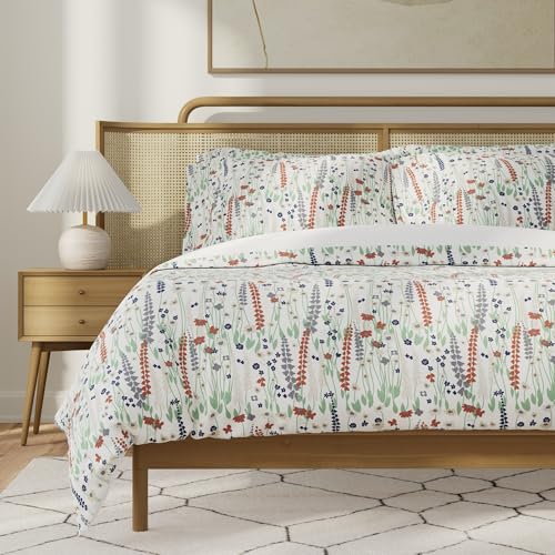 Image of QuickZip Duvet Cover with Zipper Closure - Ultra Soft Long-Staple 100% Cotton, Oeko-Tex Certified, Durable Interior Corner Ties, Corner Clips, King /Cal King, Reversible Wildflower /White (Sateen)