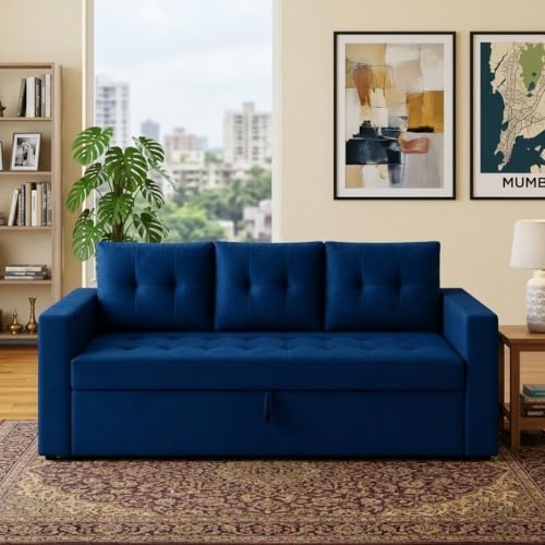 Image of FURNY Tressa 3 Seater Fabric Pull-Out Sofa Cum Bed Function (Dark Blue) | Luxury Velvet Suede Finish | Durable Comfort Sofa Bed for Modern Living Room & Office Spaces