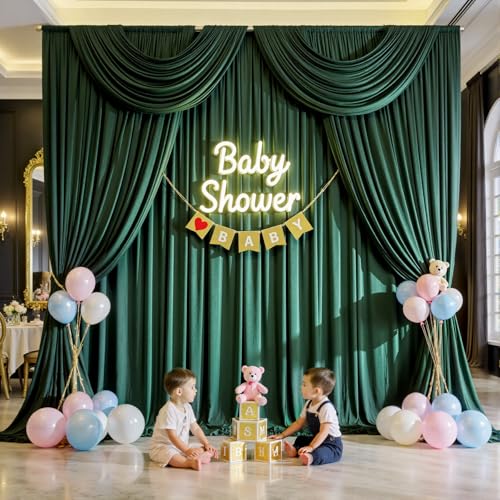 Image of 20ftx12ft Hunter Green Backdrop Curtains for Parties, Wrinkle Free Polyester Hunter Green Photo Backdrop Drapes 4 Panels 12 ft Long Back Drop Cloth for Wedding Birthday Photography Background Party