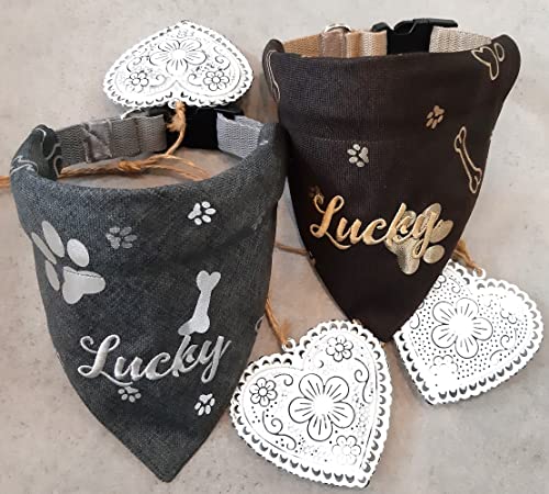 Hundehalstuch mit Halsband Verstellbar Halstuch in grau/silber oder braun/gold optional mit Wunsch Namen bestickt Tuch