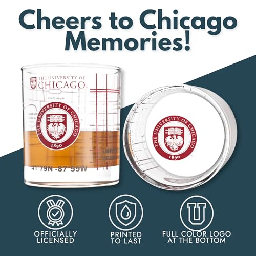 Image of Greenline Goods - University of Chicago Maroons College Whiskey Glasses (Set of 2), 10 oz - Full-Color Logo + Campus Map