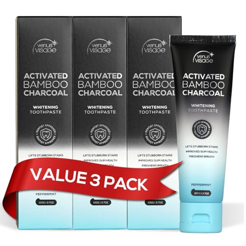 Venus Visage Pasta de Dientes Carbón Activado – Pasta de Dientes Blanqueante Sabor Menta - Dentífrico Blanqueador Dental [Pack de 3]