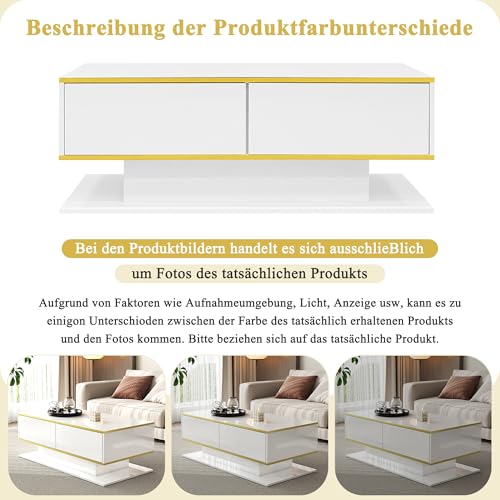 Aunvla Moderner LED-Couchtisch mit Hochglanz, 100 cm lang, Goldverzierung, 3 Schubladen & USB-LED-Lichtstreifen (Adapter/Powerbank erforderlich) – Bild 7