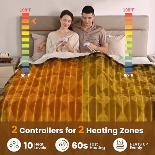 Bearhug Electric Blanket King Size 100" x 90", Dual Controller Heated Blanket, Faux Fur & Warm Sherpa, 10-Heat Levels & 1-12H Auto Off,ETL, Machine Washable
