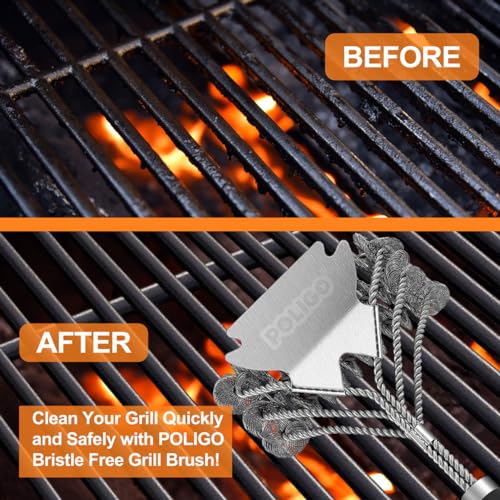 POLIGO BBQ Grill Cleaning Brush Bristle Free & Scraper - Triple Helix Design Barbecue Cleaner - Non-Bristle Grill Brush and Scraper Safe for Gas Charcoal Porcelain Grills - Ideal Grill Tools Gift