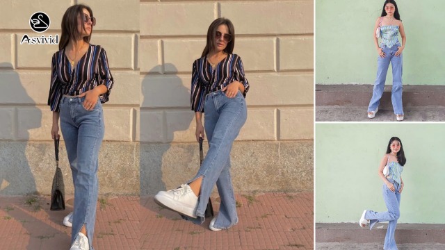 Asvivid Womens Casual High Waisted Flare Jeans Wide Leg Slit Ankle Bell Bottom Denim Pants Sky Blue 10 - Image 8