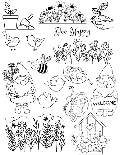 Image of Garden Flowers Gnome Ready-to-Use Fun Modern Embroidery Design Transfers on Stick and Stitch Water Soluble Sewing Stabilizer Paper for Hand Embroidery Kit Thread Art Projects