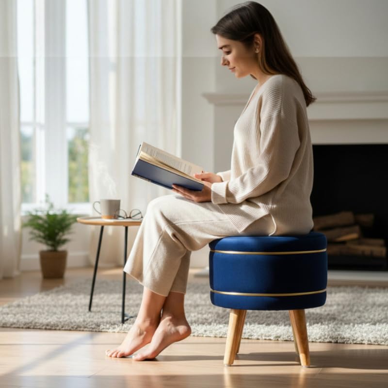Image of Ottoman Stool for Living Room Foot Rest | Velvet Small Ottoman Foot Stool | Solid Wood Legs | Footstool Puffy for Home, Bedroom & Makeup Table | 16x16x18 Inch, Set of 2 (RoyalBlue)