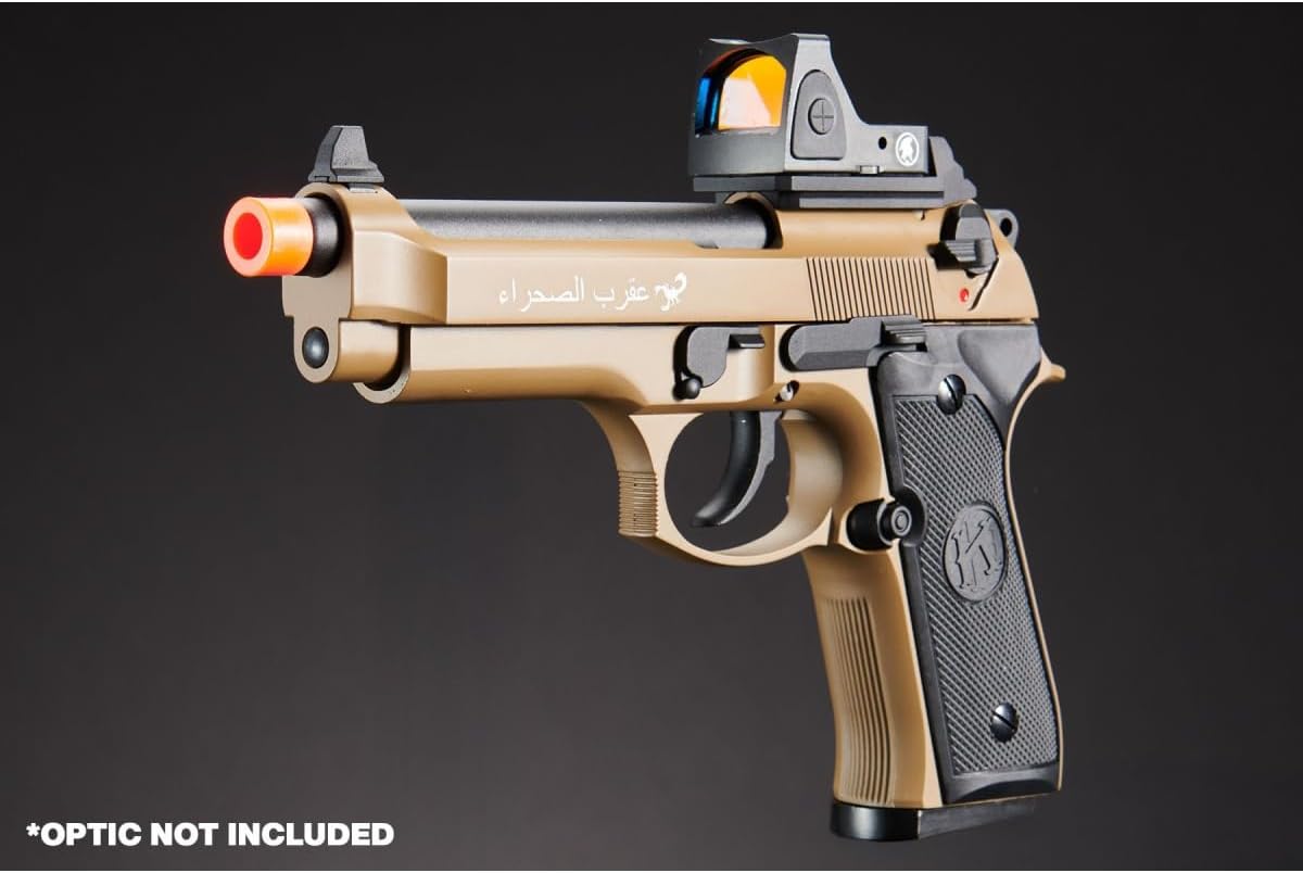 KLI KL-92 Brettaa Dual Power CO2/Gas Blowback Metal Airsoft Pistol with Red Dot Mount- (Sahara/Green Gas)