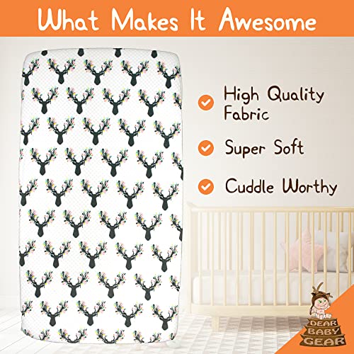 Image of Dear Baby Gear - Baby Crib Sheets - Toddler Bed Sheets - Breathable Fitted Bed Sheet - Nursery Bedding - Cribs Mattress Cover - Standard Crib Sheet - 52x28x10 (Girl Antler with Pink and Mint Flowers)