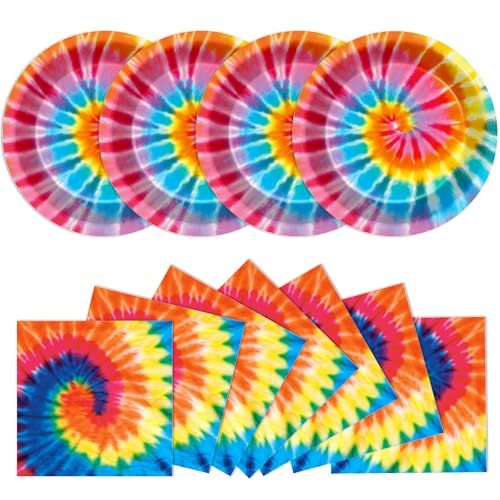 48Pcs Tie Dye Paper Plates and Napkins Rainbow Tie Party Decorations Dye Birthday Party Supplies Colorful Disposable Dinnerware Tableware for Adult Kids Girls Boys Hippie Baby Shower Serves 24
