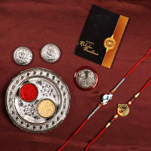 Image of Oblivion Mixed Design Multicolour Beaded Rakhi Set of 2 for Brother with Silver Colour Pooja Coin, Pooja Thali and Greeting Card for Raksha Bandhan