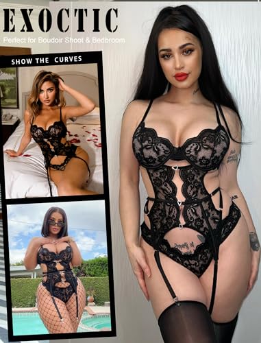 Avidlove Sexy Garter Lingerie Set for Women Lace Bodysuit Cut Out Rhinestone Underwire Teddy with Panty (No Stockings)3