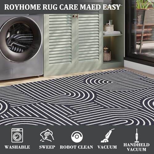 Washable Boho 9x12 Large Area Rug Modern Abstract Black White Rugs Non Shedding Soft Bedroom Carpet Ultra-Thin Low Pile Living Room Floor Mat Non Slip Modern Carpet for Playroom Dining Room, Black by GAOMON - Used condition - Image 6