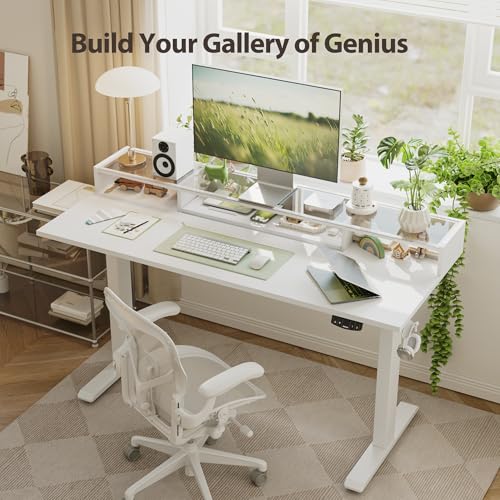 Image of Agilestic Glass Standing Desk with Storage, 48 Inch Electric Adjustable Desk with Glass Shelf and Cable Management, Sit Stand Up Home Office Computer Table, Splice Board, White