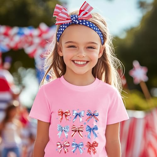 Image of Girl American Flag Shirts Bow Tshirt 4th of July Shirt Cotton Short Sleeve Tees 2-12 Years