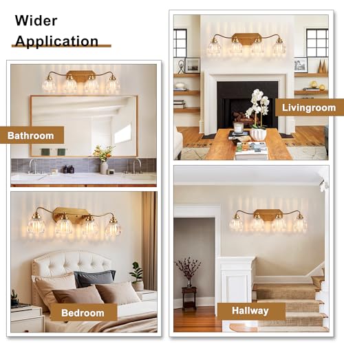 Image of Vintage Bathroom Light Fixtures, 4 Light Gold Bathroom Vanity Light, Matte Antique Brass Finish with Crystal Glass Shade, Wall Sconces Lighting for Bedroom, Living Room, Hallway