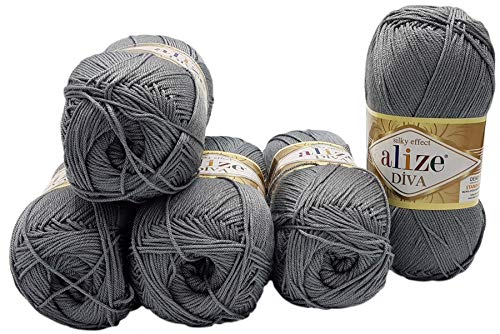 Alize 5 x 100 Gramm Wolle Diva einfarbig, 500 Gramm merzerisierte Strickwolle microfiber-Acryl (Grau)