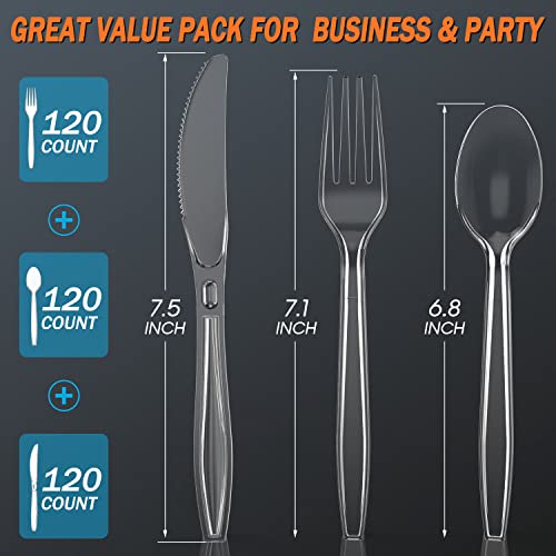 360 Count Plastic Silver Ware Heavy Duty, 120 Forks, 120 Spoons, 120 Knives, Heat Resistant & BPA Free Disposable SilverWare, Disposable Cutlery set, Premium Clear Utencils for Party Supply