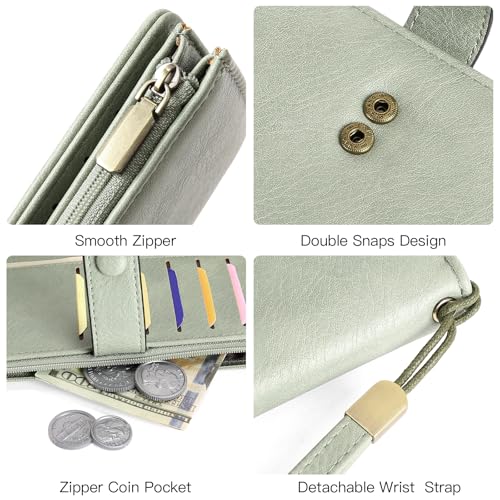 Image of GOIACII Womens Wallets Large Capacity Credit Card Holder RFID Blocking Leather Wallet Wristlet Ladies Clutch Purse Green
