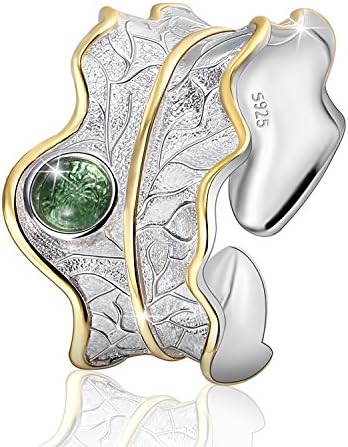 Springlight Sterling Silver Adjustable Ring - Wide Open Band, Natural Stone (Red/Yellow/Green), Leaf Design, Mum Gifts, Women's Jewelry