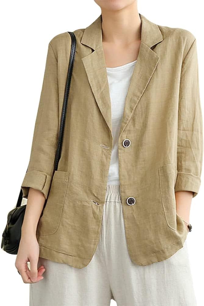 IDEALSANXUN Cotton Linen Blazer for Womens Long Sleeve Loose Casual Blazer Jackets